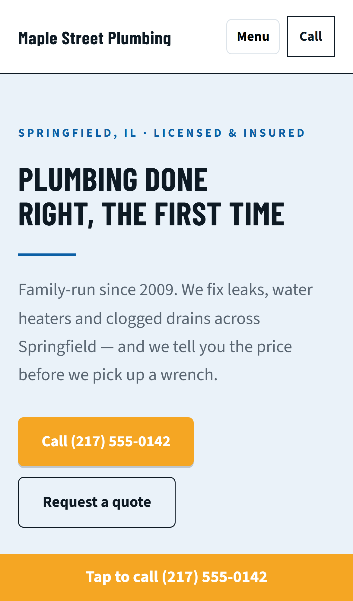 A local business website shown on a phone
